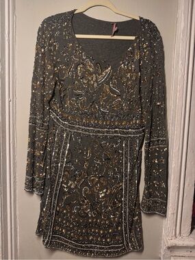Calypso St Barth Beaded Sequin Mini Dress Gray Gold Paisley Sz L